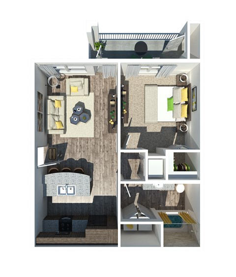 Floor plan for 1 bed, 1 bath, 631 sqft